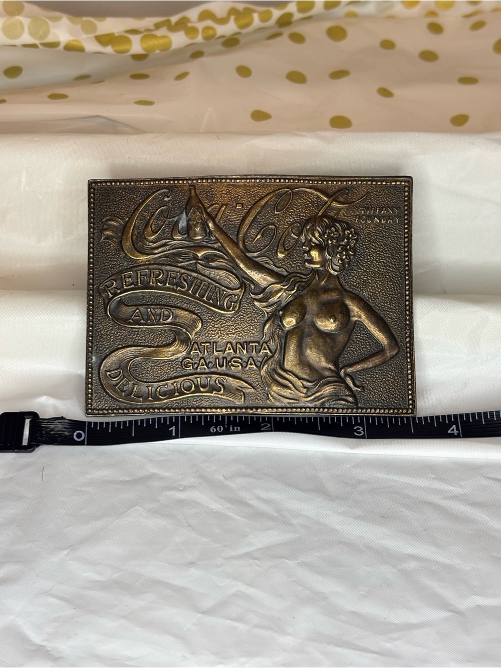 Vintage Coca Cola Tiffany Foundry Brass Belt Buckle Nude Lady Atlanta GA